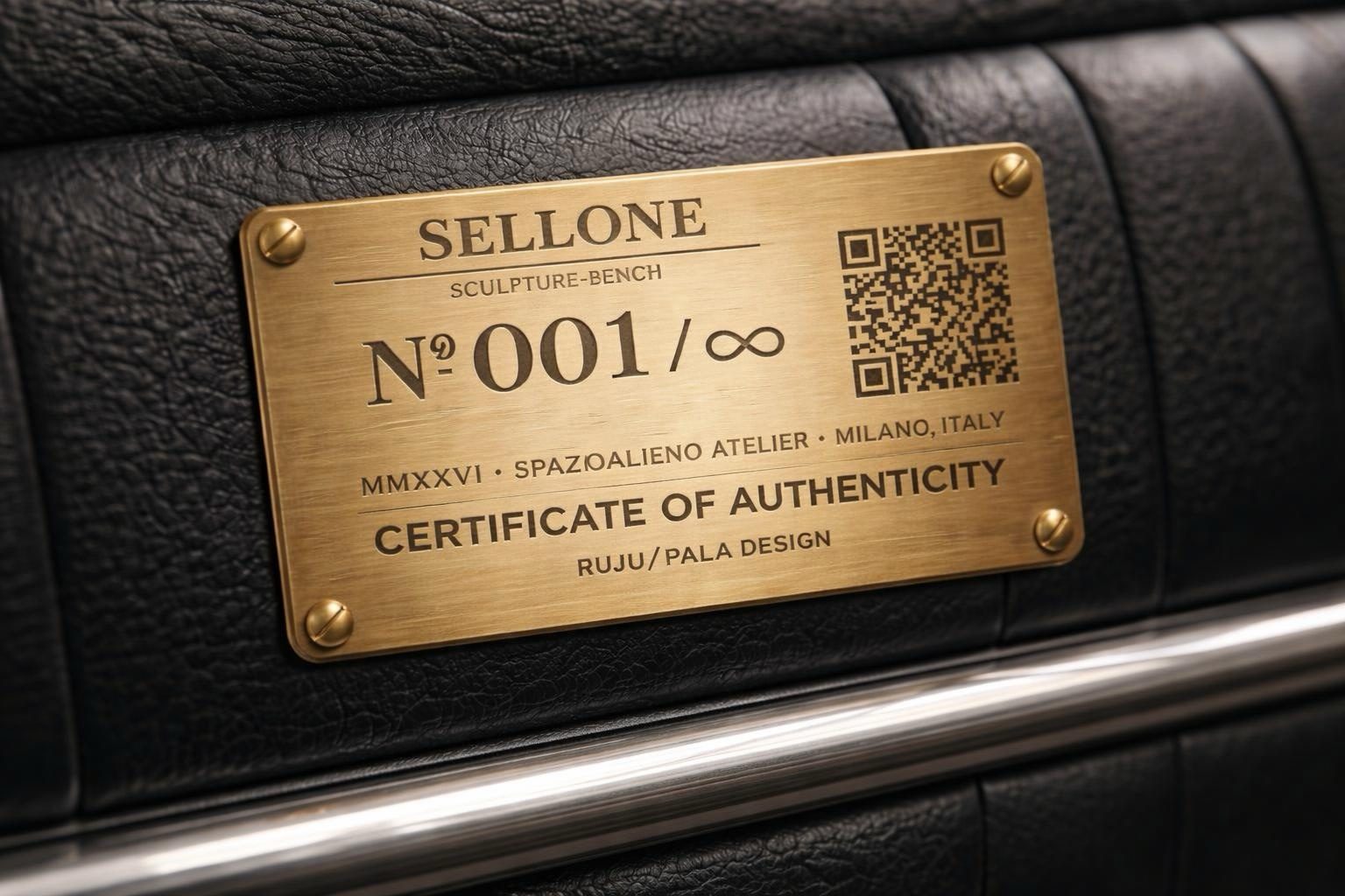 SELLONE — placca del certificato di autenticità sulla pelle nera
