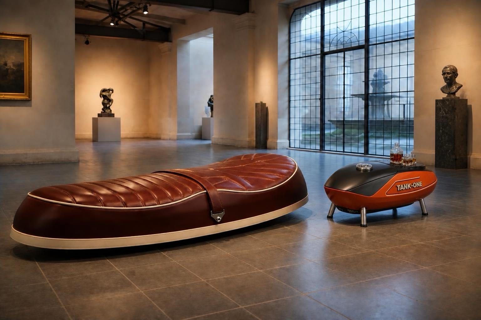 SELLONE e TANKONE insieme — daybed bordeaux e bar-serbatoio arancio in galleria d'arte