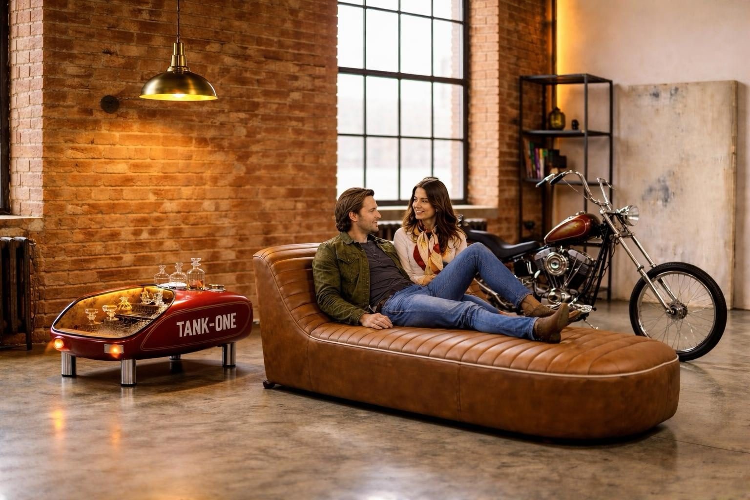 SELLONE e TANKONE insieme — chaise cognac e bar-serbatoio rosso in un loft di mattoni