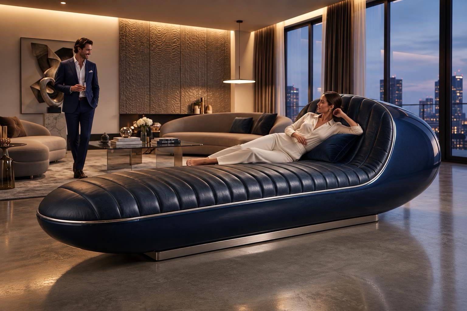 SELLONE — Monoposto '50, variante speciale su commissione — pelle blu notte a canali, profilo cromato, attico serale