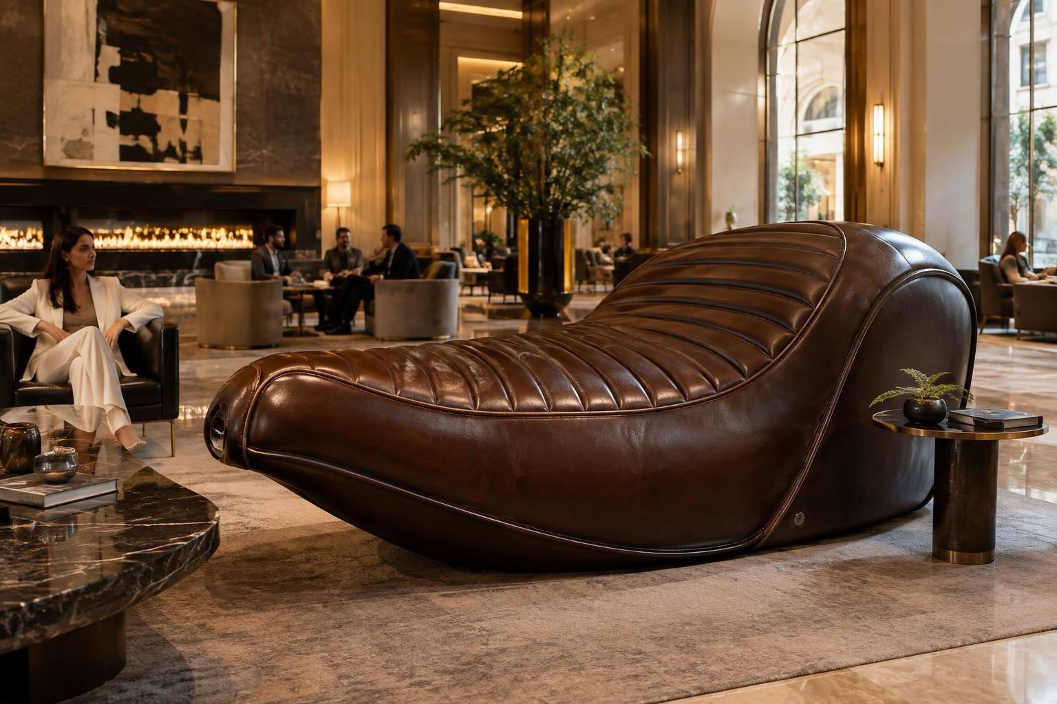 SELLONE — Monoposto '50, variante speciale su commissione — pelle cognac a canali, schienale alto, lounge d'albergo