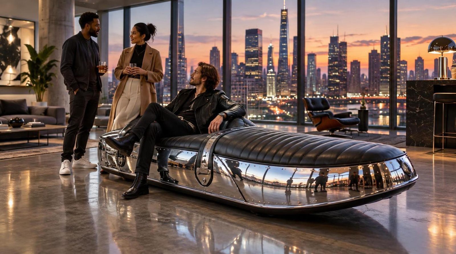 SELLONE — Monoposto '50, variante speciale su commissione — scocca cromata a specchio, pelle nera a canali, attico sullo skyline
