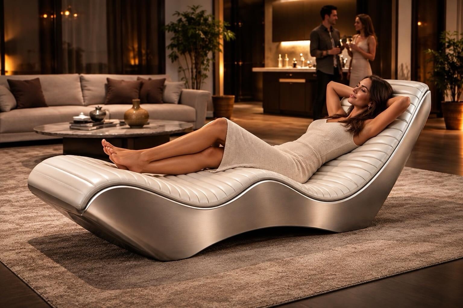SELLONE — prototipo futuro — chaise a S, bianco perla e scocca acciaio, salotto serale