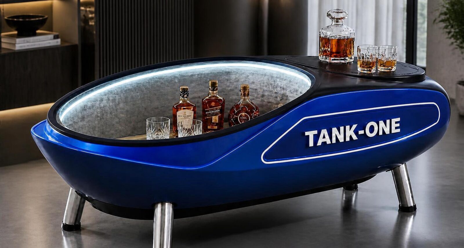TANKONE studio di livrea &mdash; blu con anello luminoso, aperto, loft