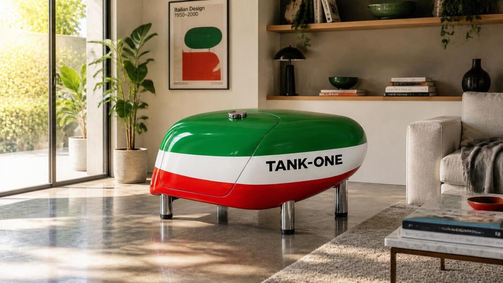 TANKONE studio di livrea &mdash; verde, bianco e rosso, chiuso, salotto luminoso